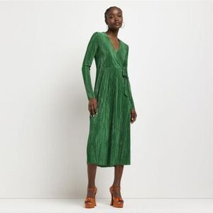 River Island Green Daywear Plisse Wrap Midi Dress Size US6